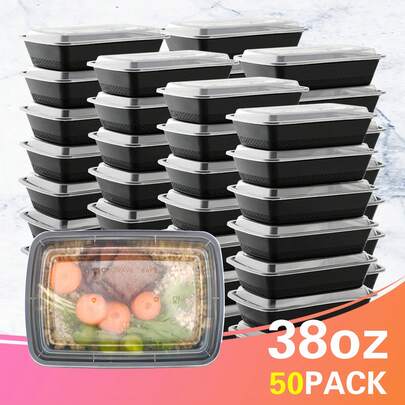  GXDOX 100pcs 38oz Black Rectangular Bento Box, Food Storage Containers With Lids, Disposable Plastic To Go Containers, Bento Box, Stackable, Leak-Proof, MicrowaveSafe, DishwasherSafe, Kitchen Organizers And Storage