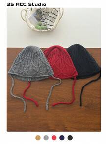 1pc Solid Color Autumn/Winter New Knit Hat, Women Tie-Up Petite Face Warm Knitted Blend Beanie, Minimalist Chic Cute Ear Warmer All-Match Bucket Hat