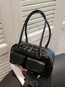 黑色时尚机车风腋下单肩包，多口袋设计，适合工作通勤、街头穿搭和日系风格，女性必备单品。 - 黑色 - 查看 10