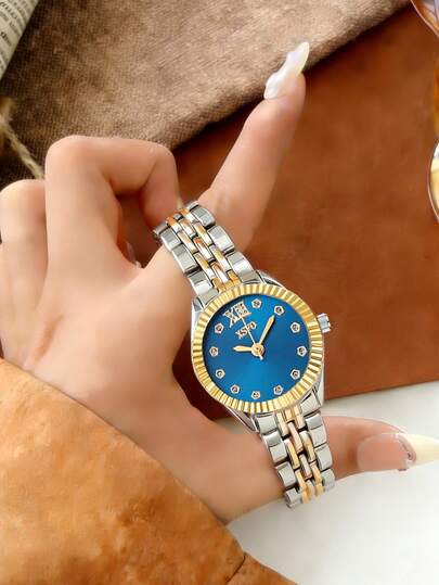 1pc Women's Quartz Watch, Green/Blue Rhinestone Dial, Elegant Commuter Steel Band Wristwatch, Suitable For Women's Daily Wear Or Gift Giving For Occasions Like Christmas, Valentine's Day, Ramadan, Eid, Carnival