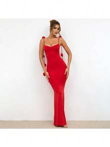 Vestidos Elegantes De Mujer Vestidos Dresses For Women Formal Dresses For Women Dresses For Women Elegant Prom Dresses Formal Dresses For Women Formal Gowns For Women Evening Elegant Sexy Evening Dress With Backless Shoulder Straps, Three-Dimensional Flower Decoration And Halter Tops - 紅色 - 查看 5