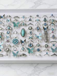 20pcs/Set Vintage Elegant Bohemian Style Artificial Stone Rings, Casual Party Gift, Everyday Jewelry Accessories For Men & Women - 20 Blue Butterfly Water Diamond Head and Tail Rings - View 3