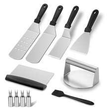 5/11pcs Stainless Steel BBQ Accessories Set, Suitable For Grilling And Camping Cooking, Including Flat Grill Pan Tools, Metal Spatula Set, Burger Press, Scraper - Outdoor Barbecue Grill Accessories Set