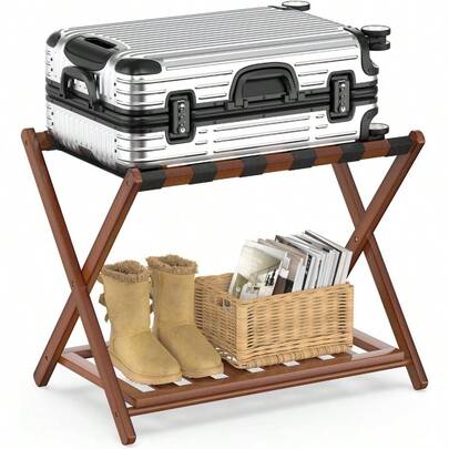 バゲージラック 折りたたみ式 竹製 6本ベルト キャリーケース スーツケース 置き場 バケージスタンド スーツケース台 荷物置き ホテル 玄関 2段収納 スーツケース・靴・小物置き ブラウン 1個入り