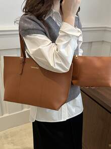 2pcs Women's Brown Quilted Lining Shoulder Tote Bag, Fashion Large Capacity Combination Handbag With Snap Closure, Casual Street Style For Photography, Daily Commute - Brown - View 2