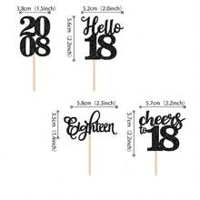 Bộ 12/24 phụ kiện trang trí bánh cupcake sinh nhật lần thứ 18, thiết kế lấp lánh với dòng chữ "Hello 18", "Cheers To 18", "Eighteen Since 2007", thích hợp để trang trí bánh sinh nhật lần thứ 18, màu đen. - màu đen - Xem 3