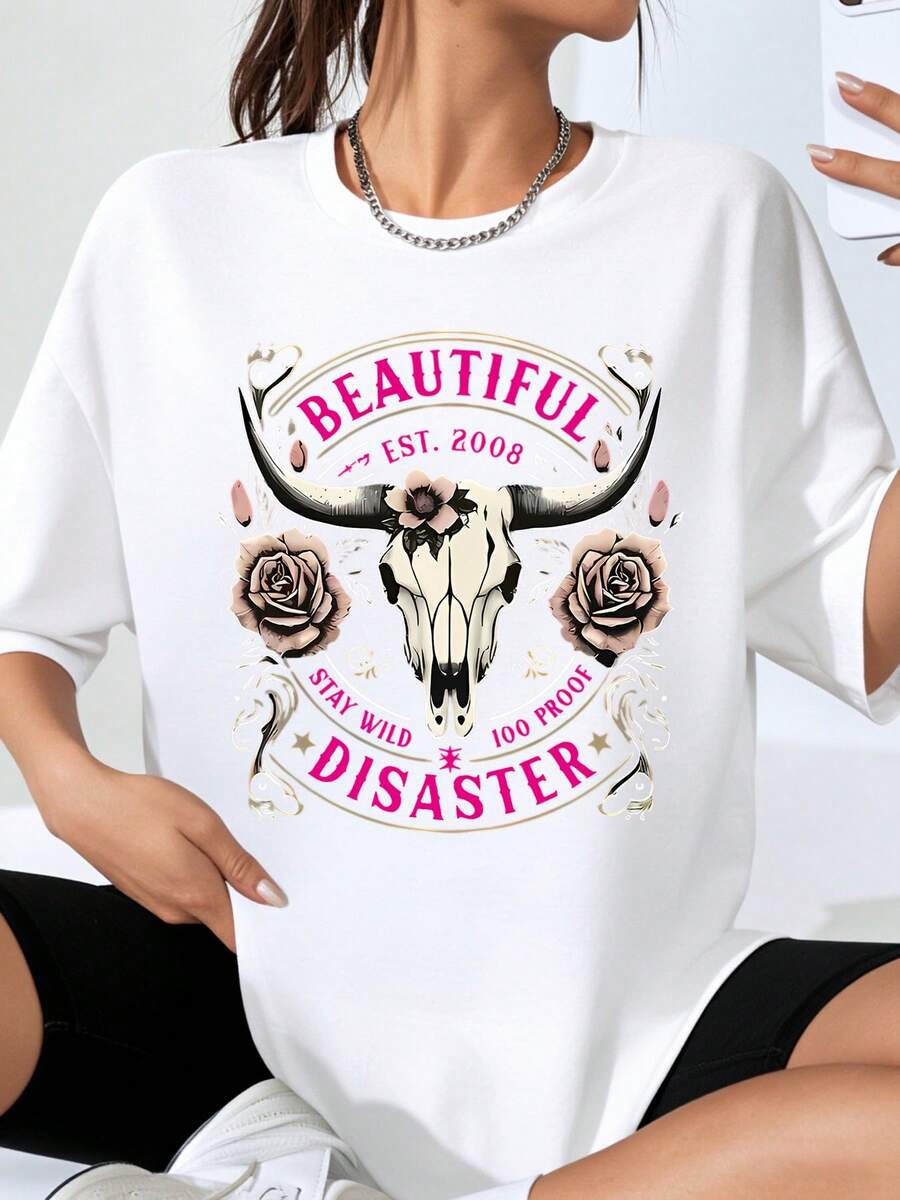 Beautiful Disaster Est 2008 Bull Skull Rose Graphic T Shirt Women Oversized Crewneck Tee Stay Wild 100 Proof Fashion Statement Top For Casual Wear And Festival Outfits - trắng - Xem 1