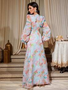 一件印花雪纺拉链系带深V领长款连衣裙，优雅女士长袖A字连衣裙，适合假日、生日派对、约会、旅行、婚礼、四季皆宜、情人节等场合。 - 彩色 - 查看 2