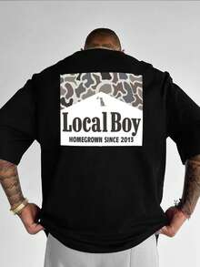 1 chiếc áo thun đen tùy chỉnh, phong cách tối giản, thường ngày, màu trơn, in họa tiết "Local Boy" phối màu không đều, tay ngắn, chất liệu dệt kim. - màu đen - Xem 2