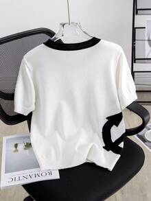Women's Summer Clothing, High-End Short Sleeve Sweater New Arrival Fashionable Minimalist Personalized Contrast Color Knit Top White - White - View 2