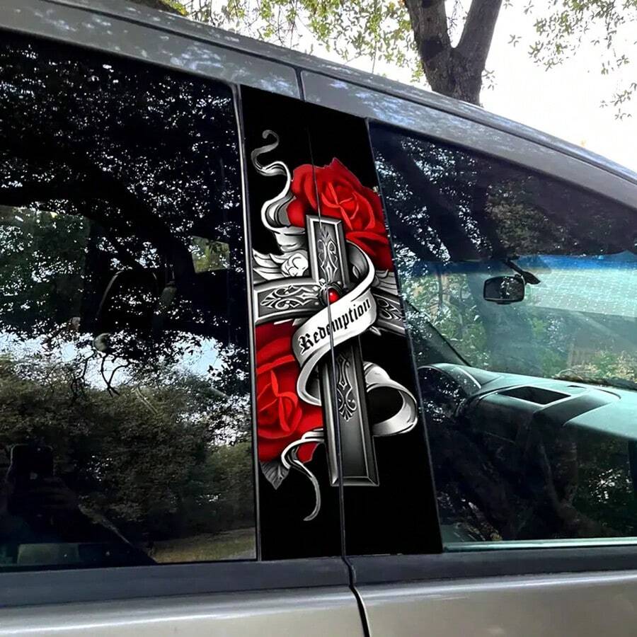 2pcs Angel Wings & Rose Redemption Cross Car B-Pillar Stickers - Durable PVC Material, Waterproof, Scratch-Resistant