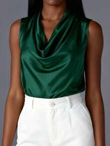 Women Satin Halter Tank Tops Fitted Solid Color Cowl Neck Sleeveless Shirts  Summer Streetwear - xanh quân đội - Xem 3