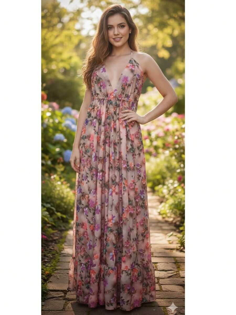Dress, Random Print, Fabric, Backless / Bare Back, Beach - Beige 3D - Ver 1