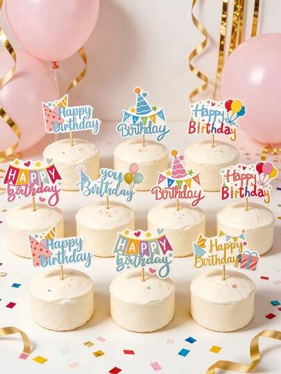 50个生日快乐纸杯蛋糕装饰插牌，彩色热气球生日快乐蛋糕装饰，小型蛋糕和甜点装饰，生日派对用品