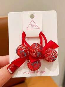 2pcs Children's New Year Hair Ties, Cute Red Festive Chinese Style Embroidered Pom Pom Hair Bands, Baby-Friendly Hair Accessories - Multicolor - View 6