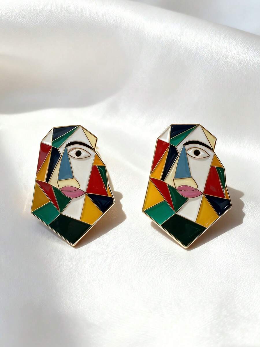 1 Pair Artistic Geometric Abstract Face Contrast Color Earrings, Retro Enamel Earrings For Women - Multicolor - View 1
