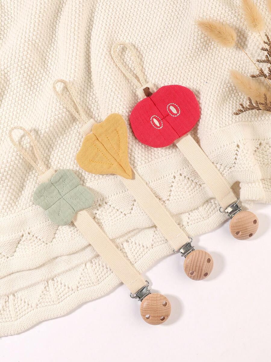 1pc Baby Pacifier Chain With Embroidered Apple, Clover, Ginkgo Leaf Designs, Includes Wooden 3-Hole Pacifier Clip, Suitable For Baby Boys And Girls As Daily Use Gift