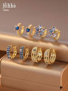 Hihho 8件套多色立方氧化锆花朵耳环套装，镀金蓝紫色/绿松石蓝/宝石蓝，时尚叠戴耳环，适合日常佩戴、派对、节日礼物 - 疊戴耳圈 - 查看 12