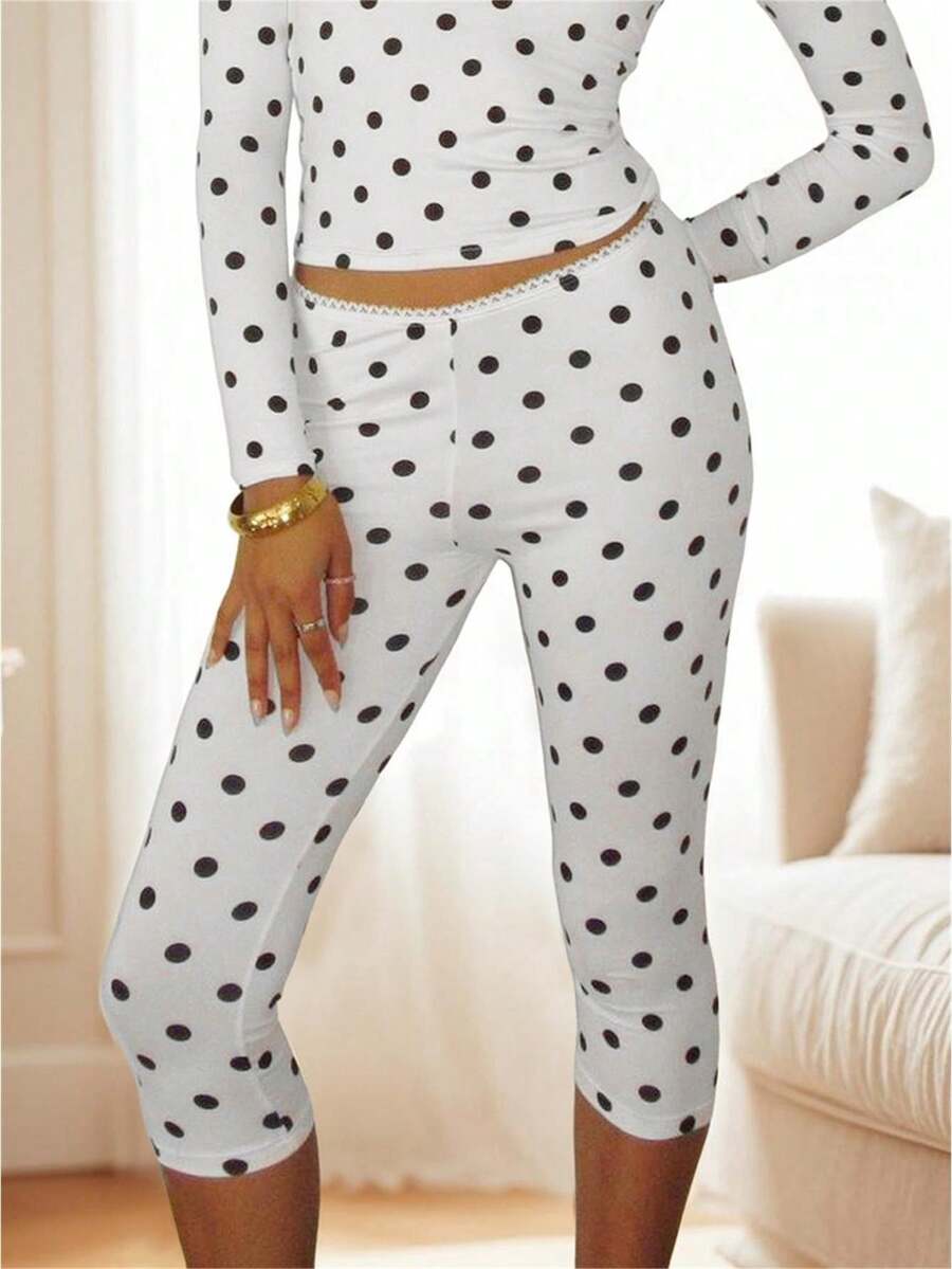 Women Dot Print Capris Lace Trim Low Rise Leggings Slim Fit Cropped Pants For Summer