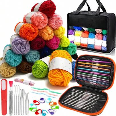 24pcs Polyester Yarn Set With Crochet Hooks And Storage Bag - Random Assorted Colors For Knitting, Crocheting And DIY Crafts - High Quality Durable Twill Fabric - Black, White, Red, Pink, Orange Etc. - Ideal For Handicraft Enthusiasts, Packaging Random