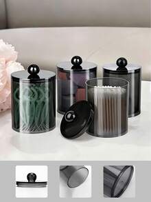 Caja Redonda de Algodón Acrílico con Tapa Caja de Almacenamiento de Algodón a Prueba de Polvo Caja de Hilo Dental Caja de Palillos de Dientes - Negro - Ver 1