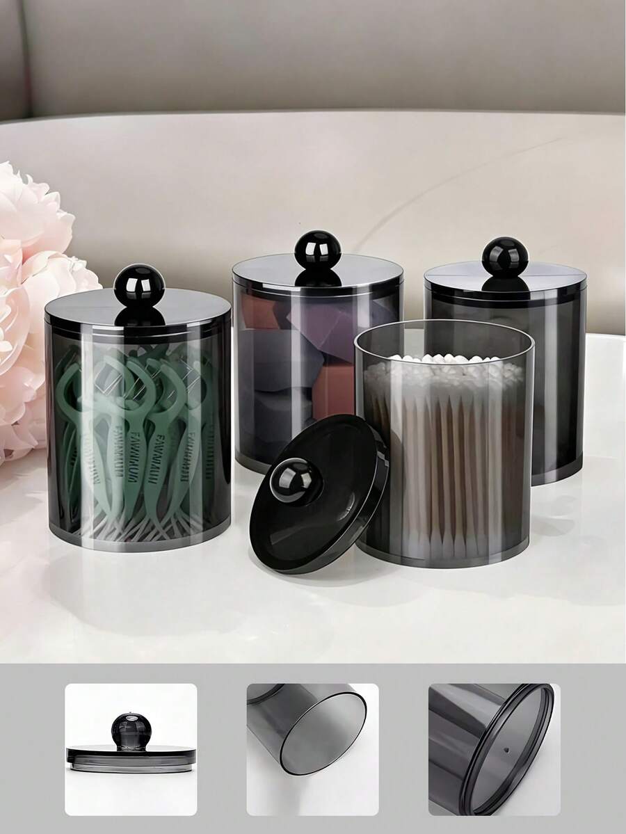 Caja Redonda de Algodón Acrílico con Tapa Caja de Almacenamiento de Algodón a Prueba de Polvo Caja de Hilo Dental Caja de Palillos de Dientes - Negro - Ver 1