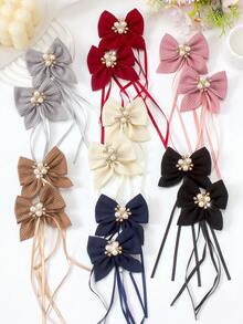 6件套秋冬多色格子蝴蝶结珍珠水钻丝带发夹，可爱女孩校园风发饰，日常及派对头饰 - 彩色 - 查看 2