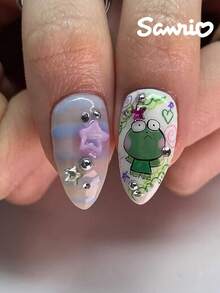 SANRIO 24片Y2K杏仁可爱3D酷洛米、美乐蒂和肉桂狗装饰法式美甲贴片，饰有爱心和水钻，抽象艺术风格，完美贴合亚克力假指甲套装，包含1支果冻胶和1个指甲锉，适合女性和女孩日常及派对使用。 - 彩色 - 查看 3