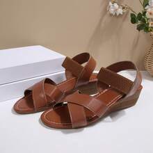 女士坡跟交叉编织休闲凉鞋，时尚百搭女士沙滩度假鞋 - 摩卡棕 - 查看 7