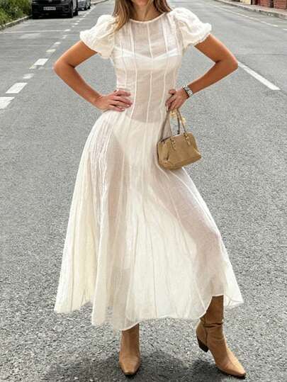 Đầm maxi nữ thanh lịch, màu trơn, tay phồng, cổ tròn, phối màu, ôm sát, thích hợp cho kỳ nghỉ hè ở bãi biển. Màu trắng.