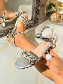 Women's Buckle Strap Sandals, New Chunky Heel Strap Open Toe Comfortable Fashion Sandals - Silver - View 5