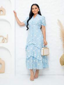 Women's Maxi Dress With Embroidered Appliqués, Puff Sleeves, Layered Skirt, V-Neck, Faux Buttons On The Bust, Elegant, Romantic And Perfect. - 淺藍色 - 查看 6