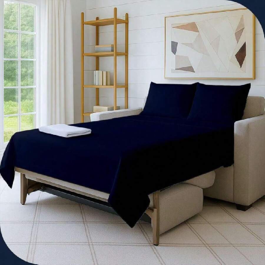 Full Sleeper Sofa Bed Sheet Set, 4 Piece Premium Quality 100% Egyptian Cotton, 6 Inch Deep Sofa Bed/Pullout Couch Sheets, Navy Blue,37105583 - 藏蓝色 - 查看 1