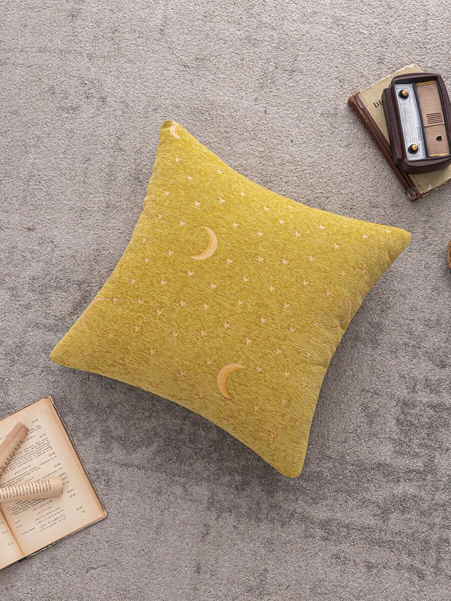 1件/2件装黄色雪尼尔提花星月图案装饰抱枕套，波西米亚风格靠垫套，适合斋月、客厅、卧室及所有季节使用。 - 黃色 - 查看 1