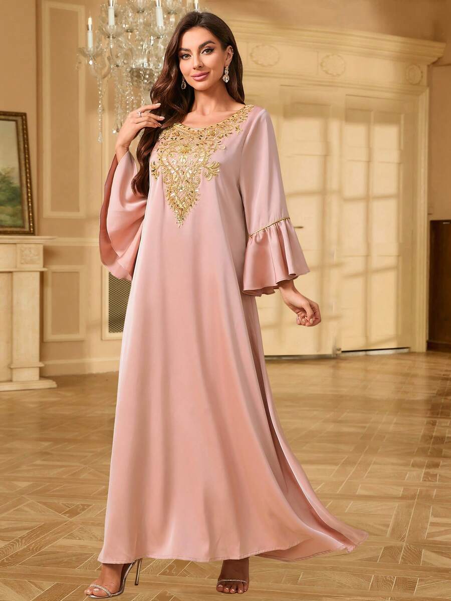 Non-Positioning Flower Lantern Sleeve Applique Arabic Dress - Pink - View 1