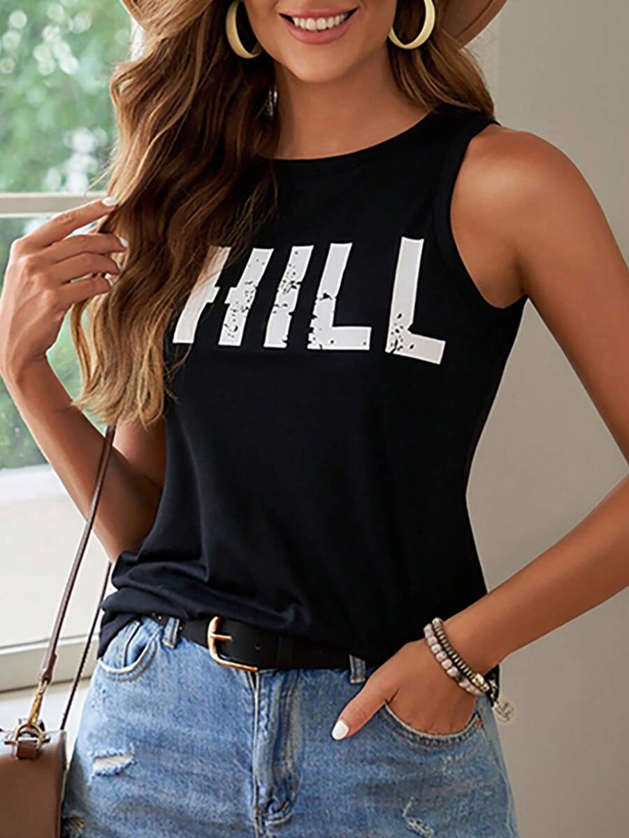 CILKOO Women's Casual S Impl C Letter Print Sleeveless Round Neck Tank Top, Spring/Summer