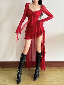 高级亮丽纯色修身高腰时尚方领长袖网纱连衣裙，不对称下摆，适合派对和休闲场合。 - 紅色 - 查看 2