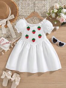 Vestido de niña de longitud hasta la rodilla, de unicolor, con mangas de princesa y dobladillo acampanado, con decoración de frutas en 3D, adecuado para primavera/verano - Blanco - Ver 2