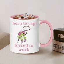 天生爱唠叨，被迫工作——趣味青蛙牛仔咖啡杯 - 粉白双色陶瓷杯，可爱牛仔青蛙图案，讽刺语录马克杯，11盎司新奇礼物，适合上班族/幽默爱好者，可放入洗碗机/微波炉，家用/办公桌茶具