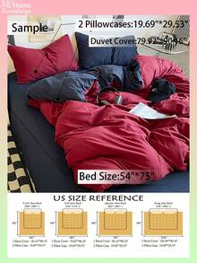 酒红色和藏蓝色三件套床上用品 - 1 个被套和 2 个枕套，柔软舒适的家纺面料，多种颜色可选，适合宿舍使用，简约时尚的卧室装饰，可机洗，不含填充物 - 酒紅色 - 查看 3