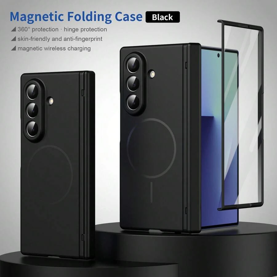 VIETAO Capa de telefone dobrável à prova de choque com cobertura total, com protetor de tela de vidro temperado, suporte para carregamento sem fio magnético, compatível com Samsung Galaxy Z Fold 7 6 5 4, capa de telefone de corpo inteiro, presente de negócios - Preto - Visão 1