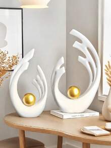 2 piezas de figuras decorativas blancas y doradas, decoración de dormitorio negro y dorado, estatuas de arte moderno abstracto, adecuadas para sala de estar, oficina, comedor, centro de mesa de comedor negro y dorado, adecuado para el comedor - Fénix platino - Ver 4