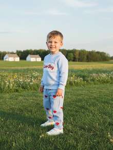 Toddler Baby Boy Clothes Outfit Valentines Day Sweatshirt Lover Boy Shirt+Waffle Knit Pant Set Clothing Fall Winter - 藍色 - 查看 3