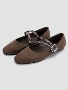 ADAMUMU Women's Fashion Square Toe Casual Party Office Buckle Breathable Woven Hollow Mesh Comfortable Slip-On Flat Shoes, Apricot - Mocha Brown - View 8