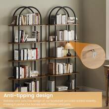 Estantería industrial arqueada de 5 niveles con estructura metálica y patas ajustables, moderna estantería abierta para sala de estar, dormitorio y oficina, color negro y vintage. - Negro y marrón - Ver 8