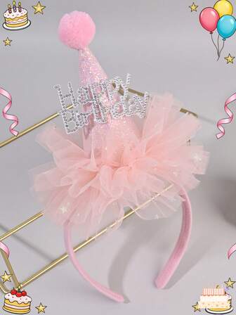 1pc Happy Birthday Pink Tulle Hair Band,Rhinestone & Birthday Hat Headband,Fashion Hair Accessories For Girls Kids Daughter Party Gifts