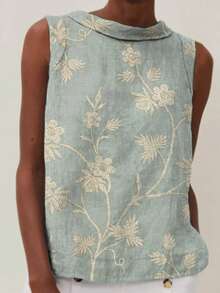 2026 Spring Summer New Arrival Elegant Retro Women's Top - Light Gray Blue Beige Jacquard Floral Stand Collar Sleeveless Woven Top - Màu xanh nhạt - Xem 3