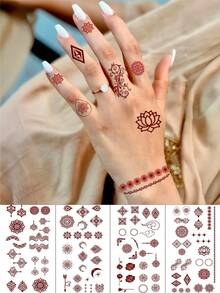 4 Sheets Brown Henna Tattoo Hand Tattoo Ramadan Mandala Flower Lace Tattoo Stickers For Women Makeup Party Festivals Wedding Bride Valentine Day Accessories - Brown - View 10