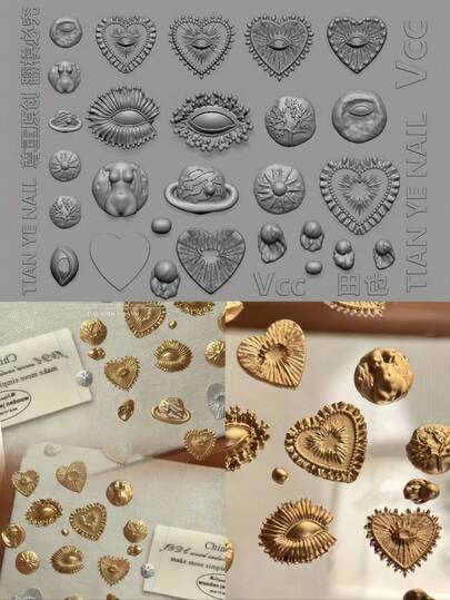 1个复古刺绣眼睛和心形美甲模具，透明硅胶美甲装饰模具