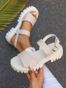 Women's Simple Solid Color Platform Wedge Sandals, Travel Essential, Open Toe Breathable Roman Sandals, Platform Increased Height, Commuting - Beige - View 3